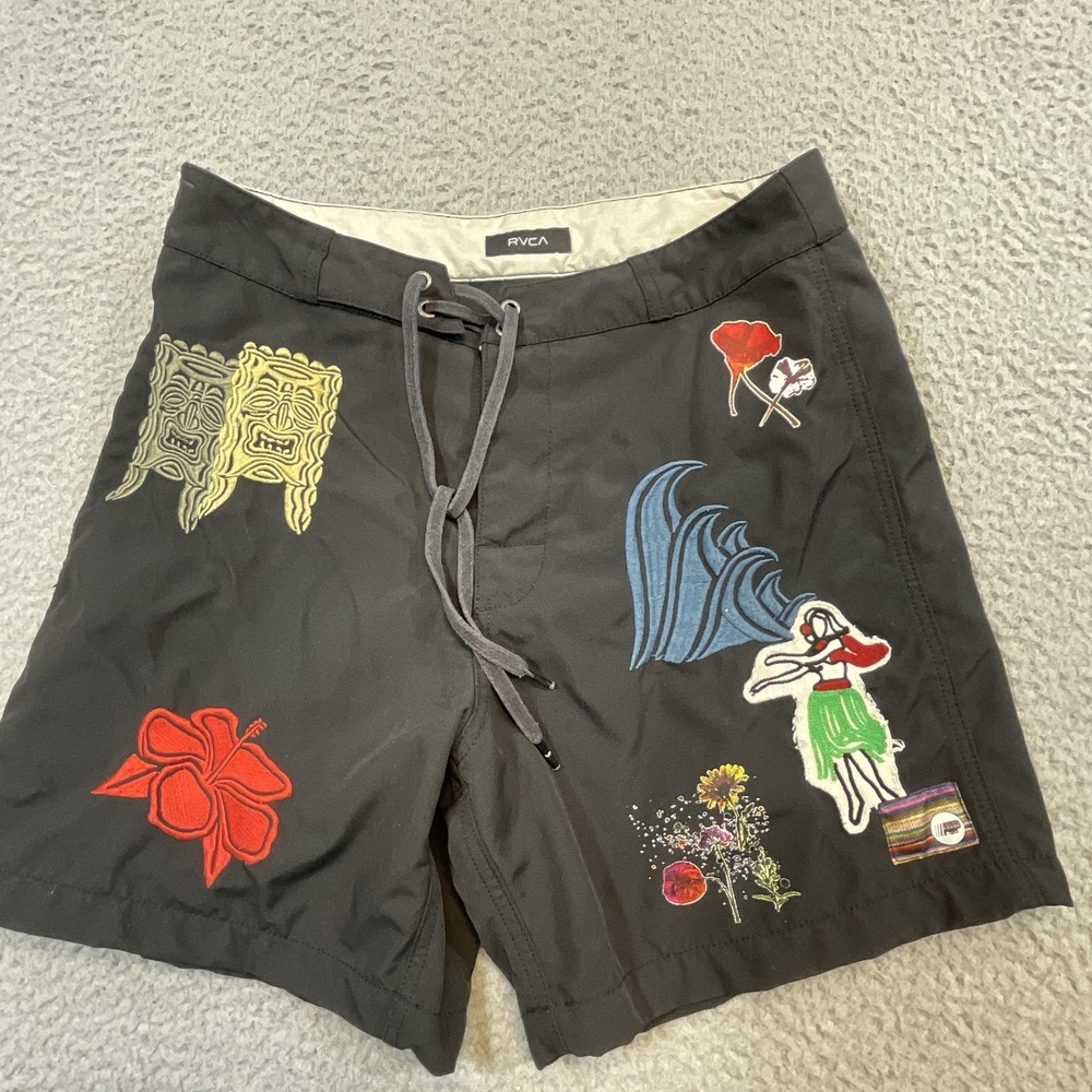 RVCA Shorts Mens 30 Black Floral Embroidered Bermuda Cargo‎ Drawstring 10 Inseam